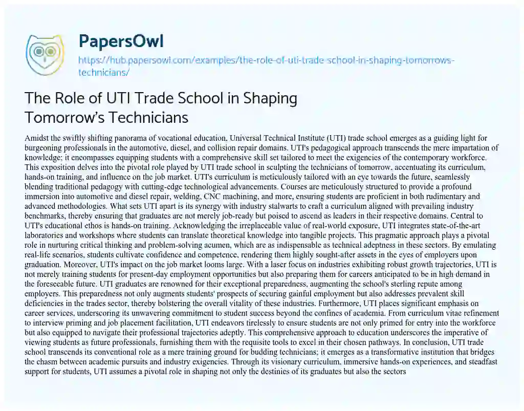 Essay on The Role of UTI Trade School in Shaping Tomorrow’s Technicians