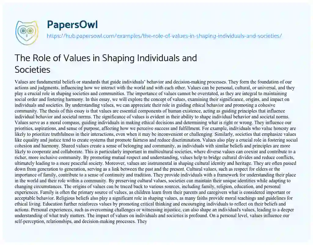 Essay on The Role of Values in Shaping Individuals and Societies