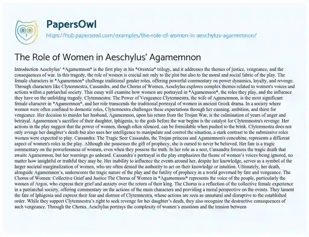 Essay on The Role of Women in Aeschylus’ Agamemnon