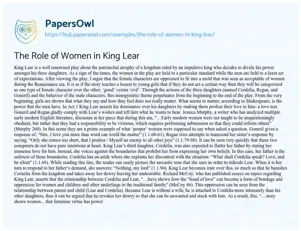 Essay on The Role of Women in King Lear
