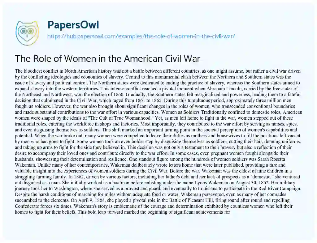 Essay on The Role of Women in the American Civil War