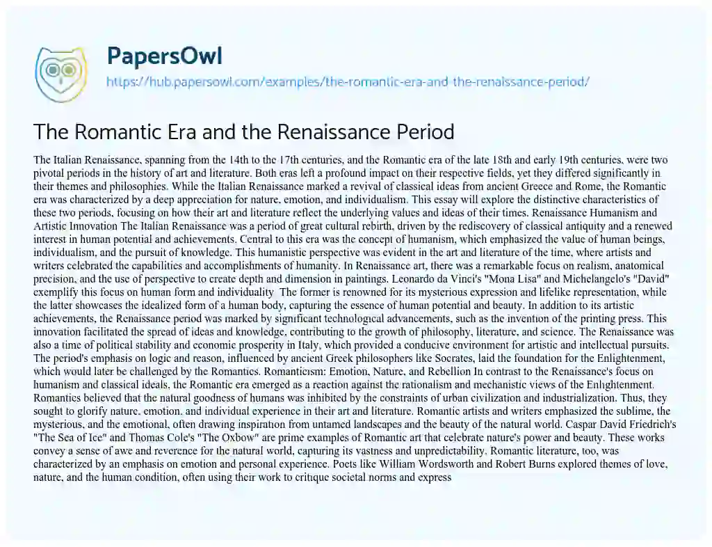 Essay on The Romantic Era and the Renaissance Period