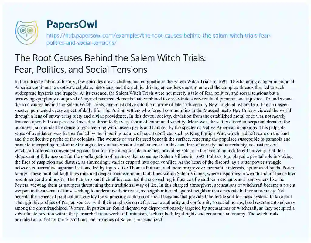 Essay on The Root Causes Behind the Salem Witch Trials: Fear, Politics, and Social Tensions