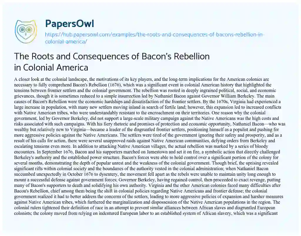 Essay on The Roots and Consequences of Bacon’s Rebellion in Colonial America