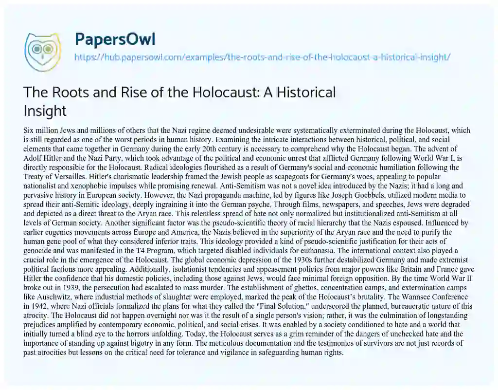 Essay on The Roots and Rise of the Holocaust: A Historical Insight