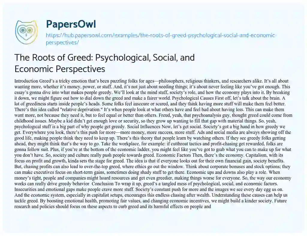Essay on The Roots of Greed: Psychological, Social, and Economic Perspectives