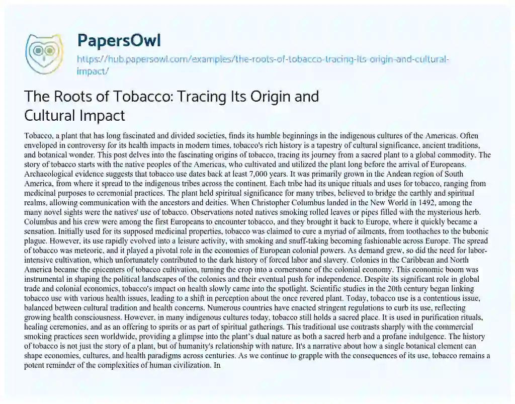 Essay on The Roots of Tobacco: Tracing Its Origin and Cultural Impact