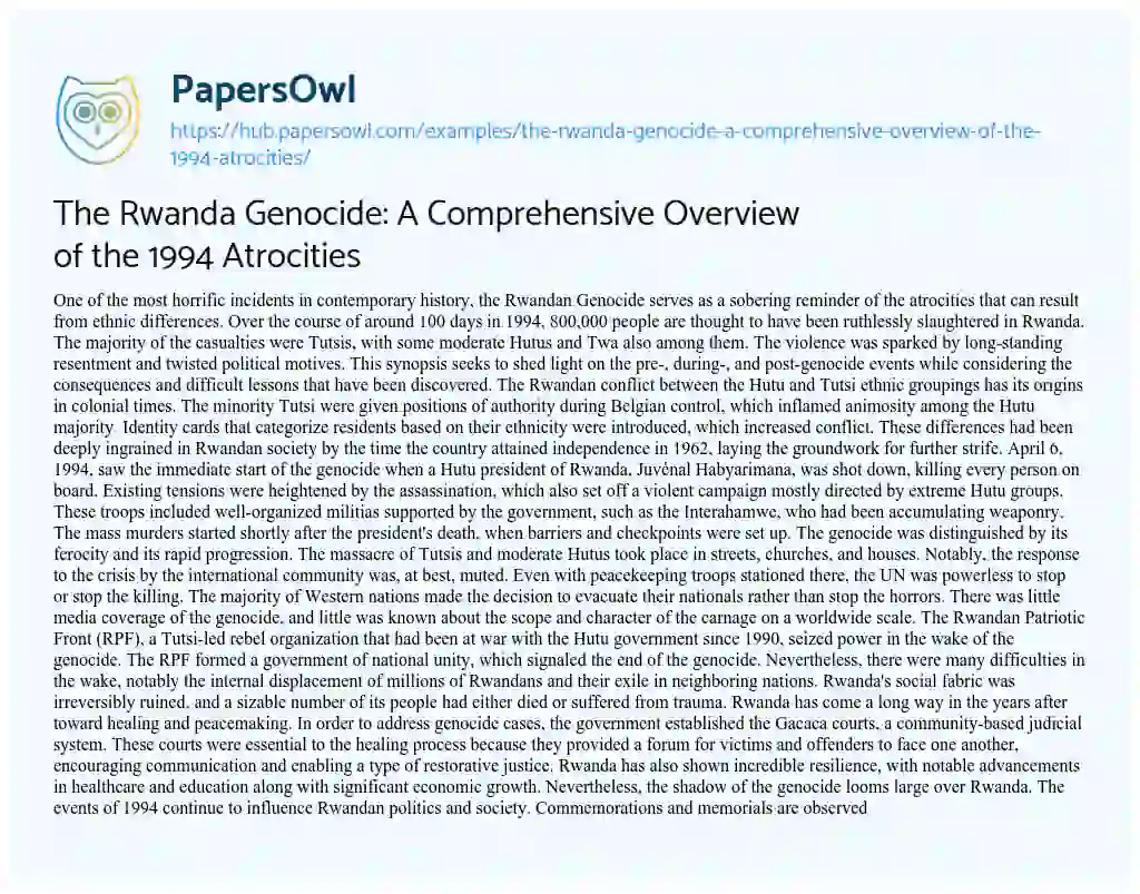 Essay on The Rwanda Genocide: A Comprehensive Overview of the 1994 Atrocities