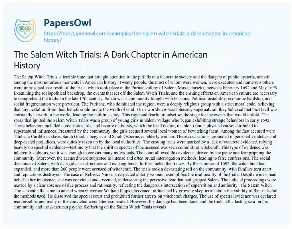 Essay on The Salem Witch Trials: A Dark Chapter in American History