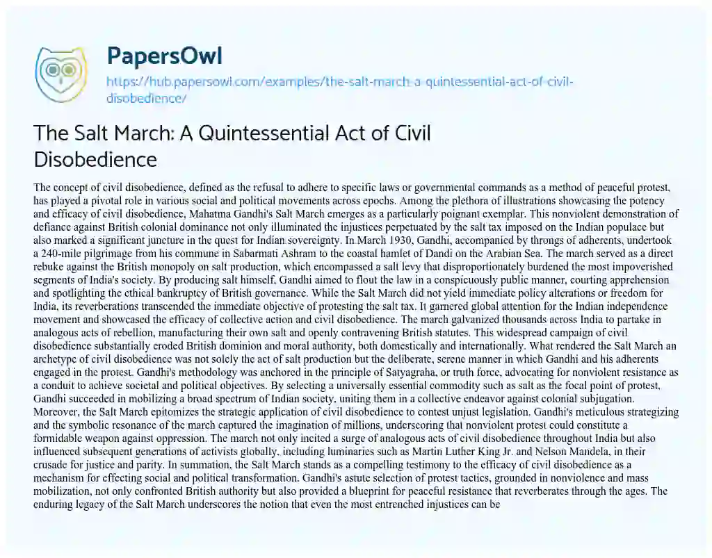 Essay on The Salt March: A Quintessential Act of Civil Disobedience