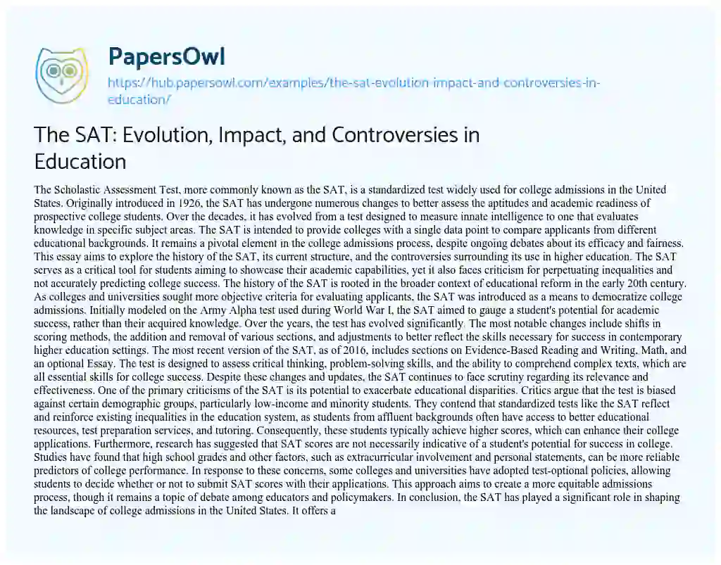 Essay on The SAT: Evolution, Impact, and Controversies in Education