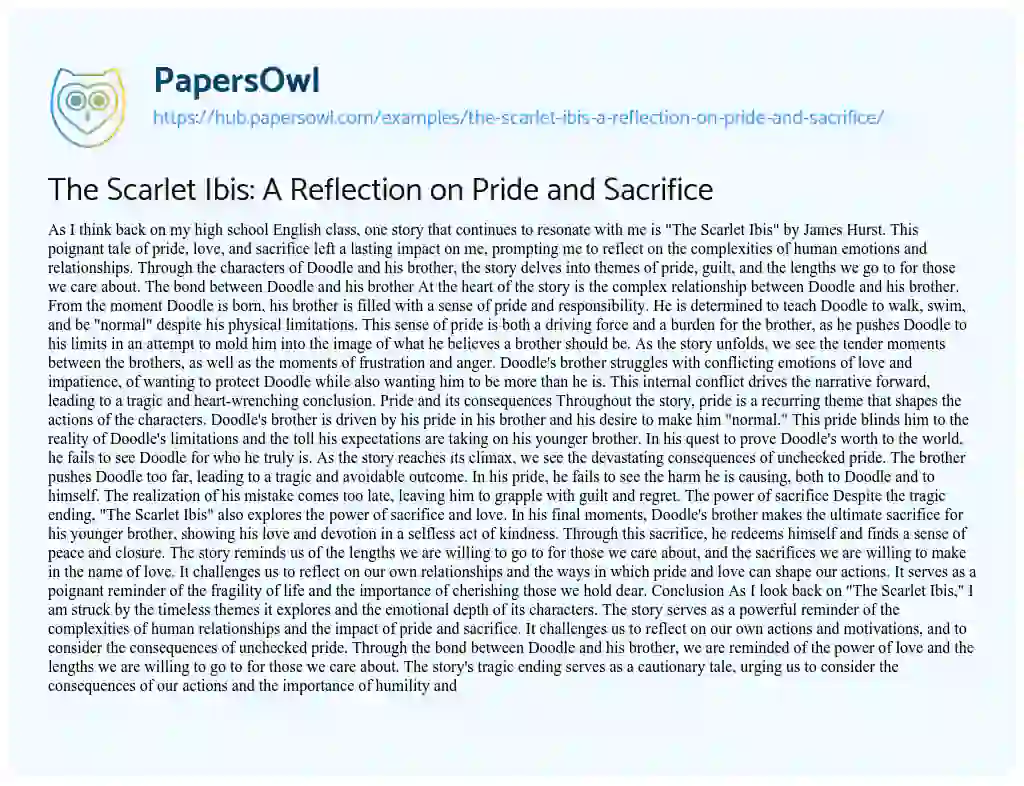 Essay on The Scarlet Ibis: A Reflection on Pride and Sacrifice
