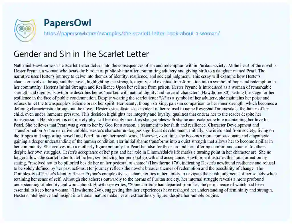 Essay on Gender and Sin in The Scarlet Letter