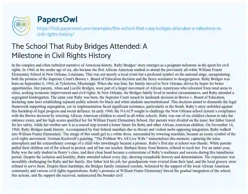 Essay on The School That Ruby Bridges Attended: A Milestone in Civil Rights History