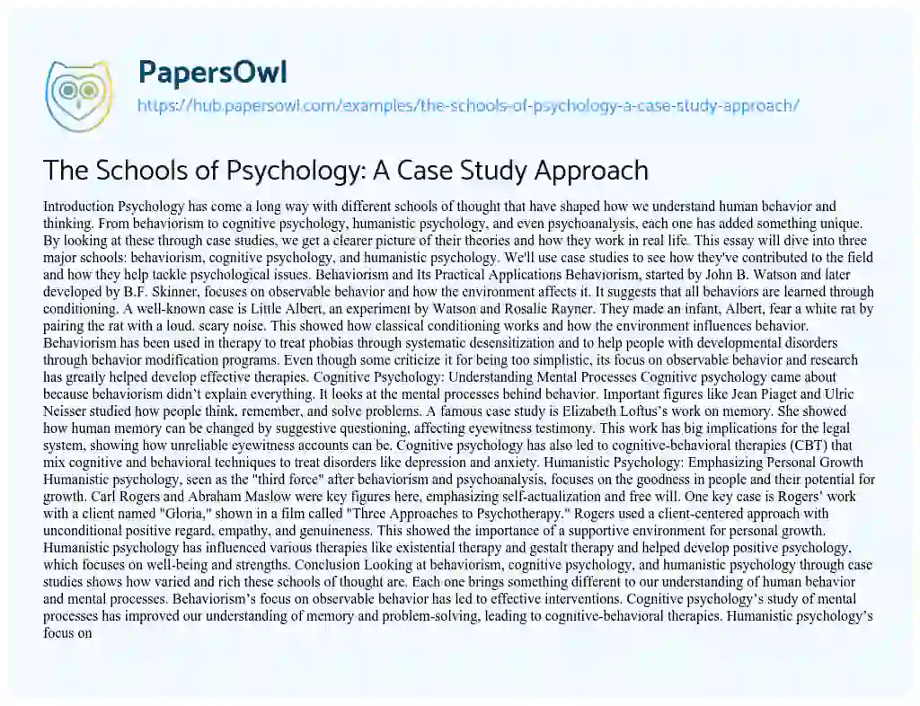 Essay on The Schools of Psychology: A Case Study Approach