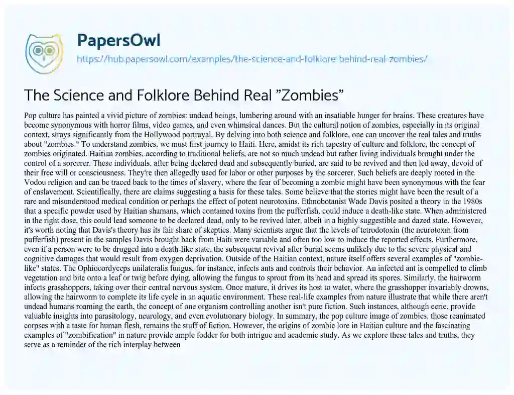 Essay on The Science and Folklore Behind Real “Zombies”