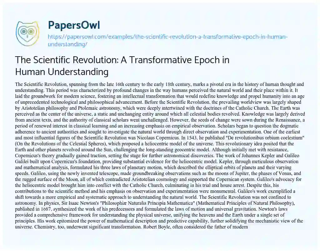 Essay on The Scientific Revolution: A Transformative Epoch in Human Understanding