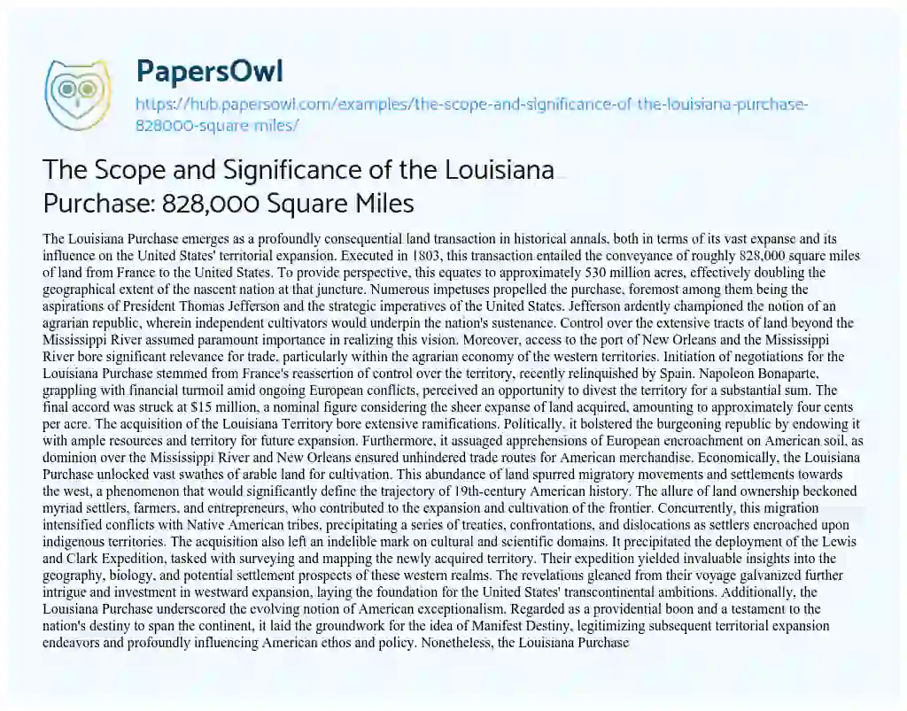 Essay on The Scope and Significance of the Louisiana Purchase: 828,000 Square Miles