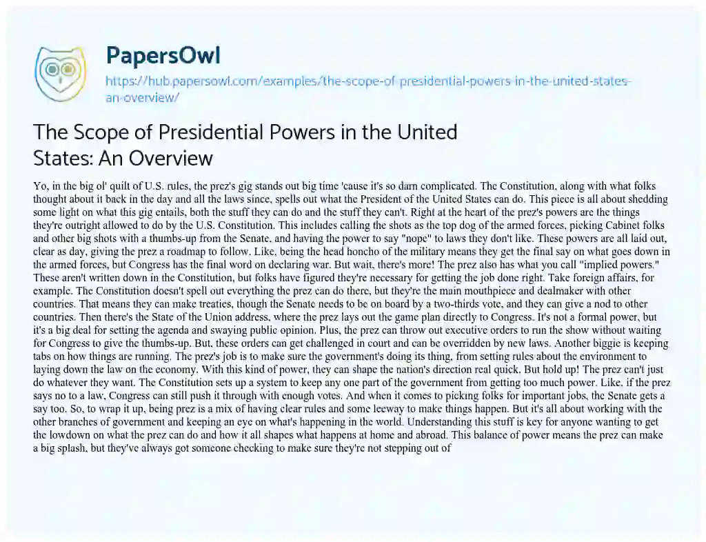 Essay on The Scope of Presidential Powers in the United States: An Overview