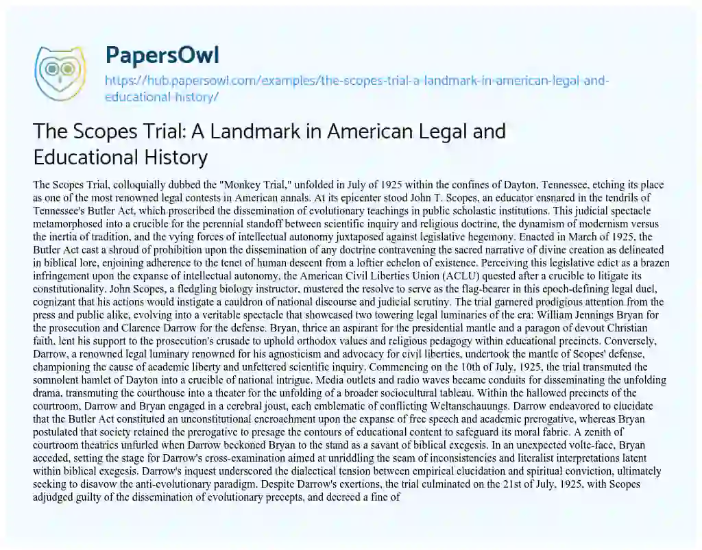 Essay on The Scopes Trial: A Landmark in American Legal and Educational History