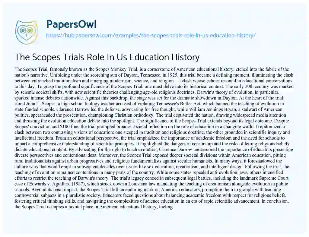 Essay on The Scopes Trials Role In Us Education History