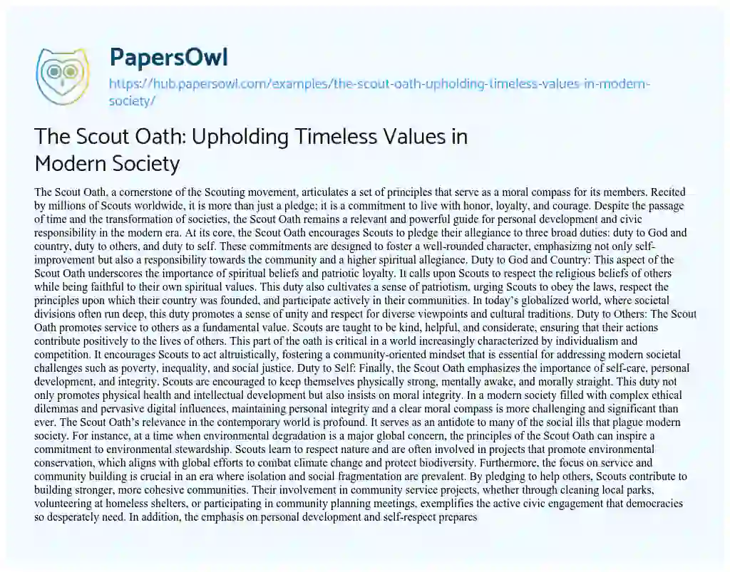 Essay on The Scout Oath: Upholding Timeless Values in Modern Society