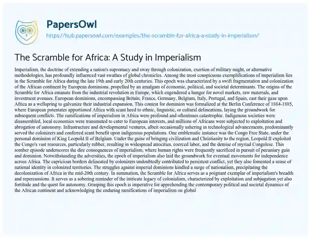 Essay on The Scramble for Africa: A Study in Imperialism