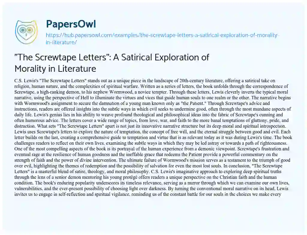 Essay on “The Screwtape Letters”: A Satirical Exploration of Morality in Literature