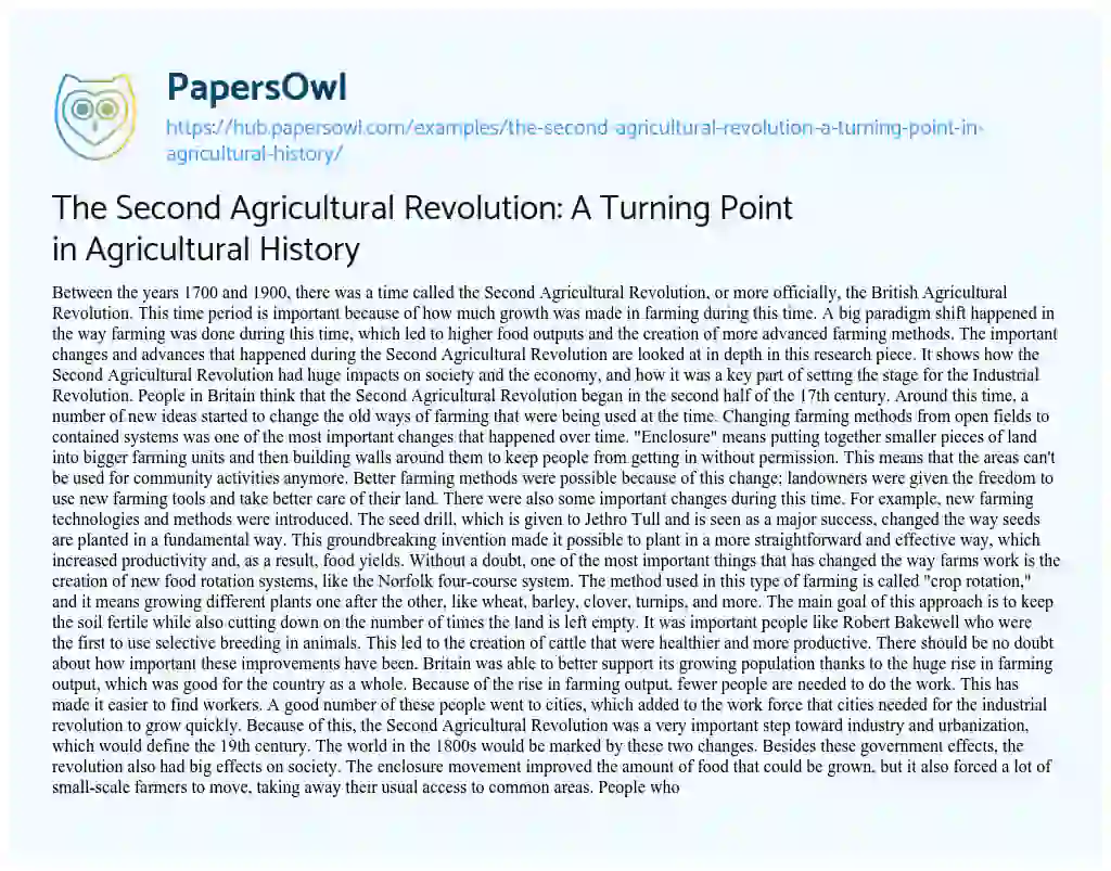 Essay on The Second Agricultural Revolution: A Turning Point in Agricultural History