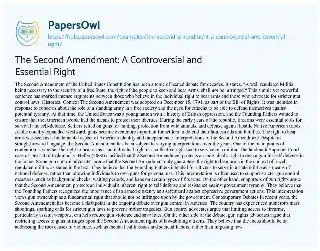 Essay on The Second Amendment: A Controversial and Essential Right