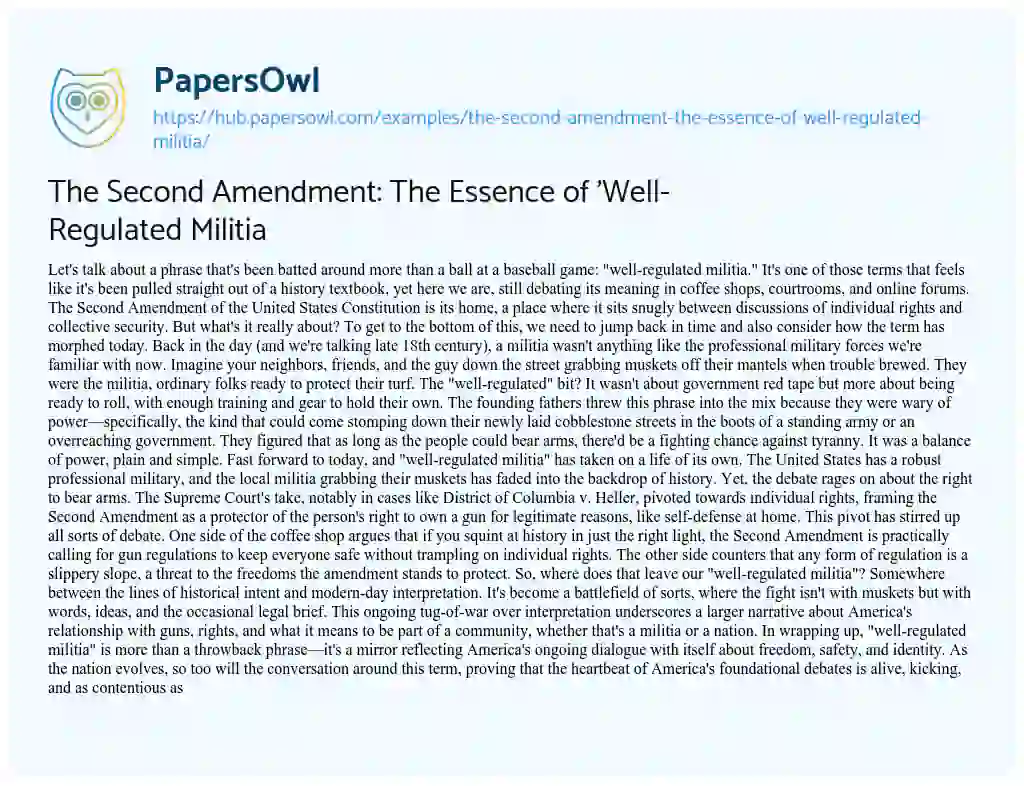 Essay on The Second Amendment: The Essence of ‘Well-Regulated Militia