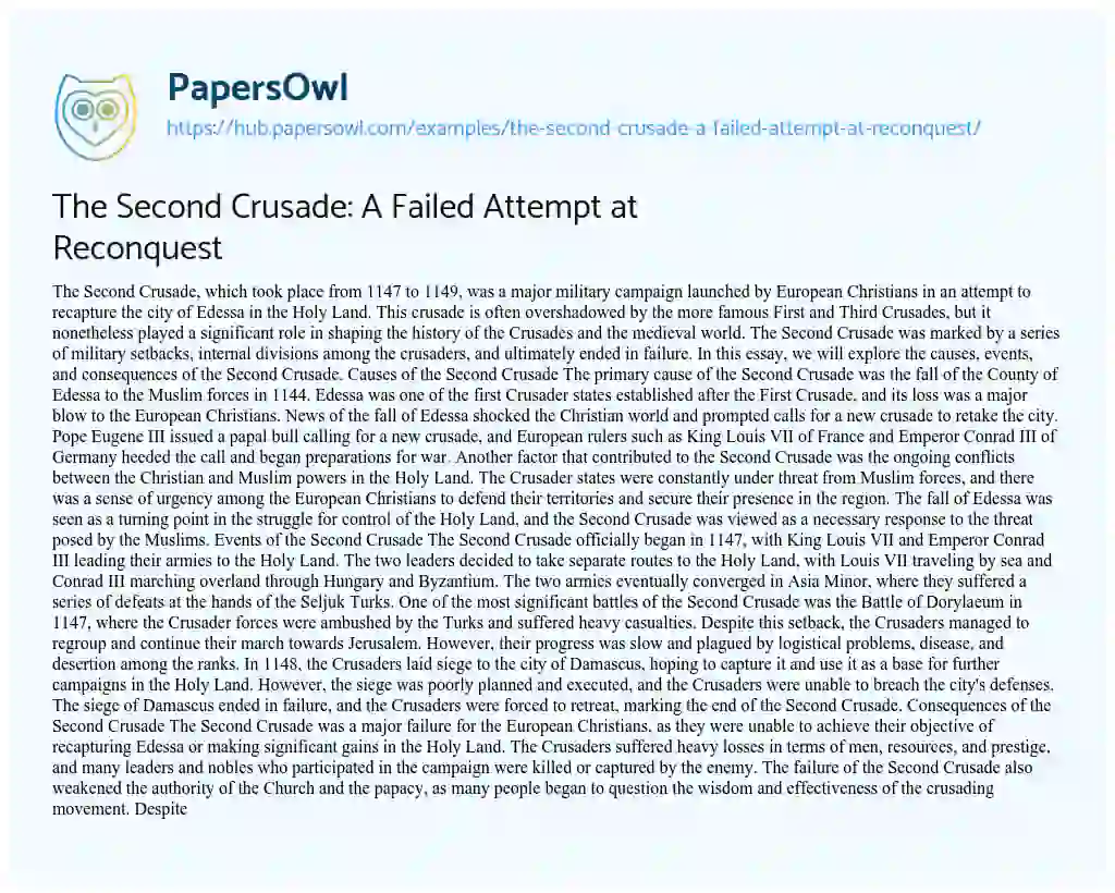 Essay on The Second Crusade: A Failed Attempt at Reconquest
