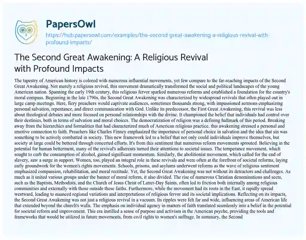 Essay on The Second Great Awakening: A Religious Revival with Profound Impacts