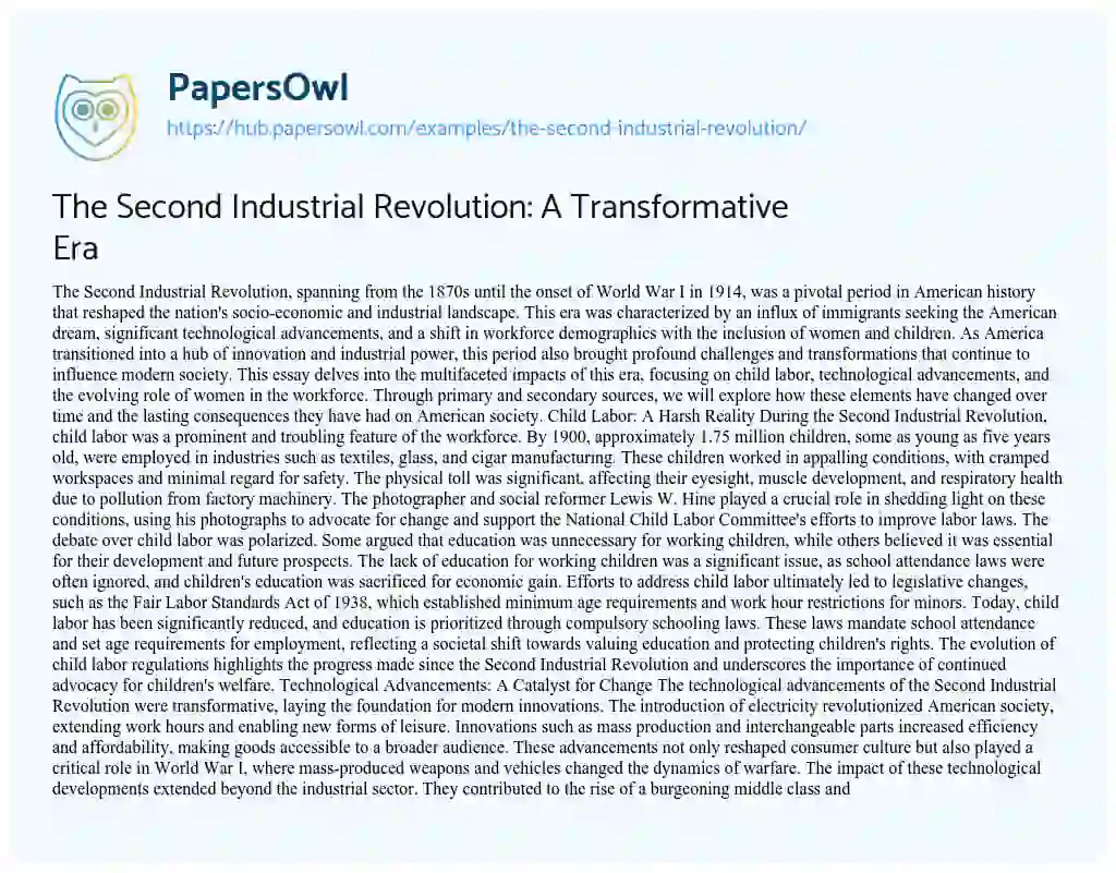 Essay on The Second Industrial Revolution: A Transformative Era