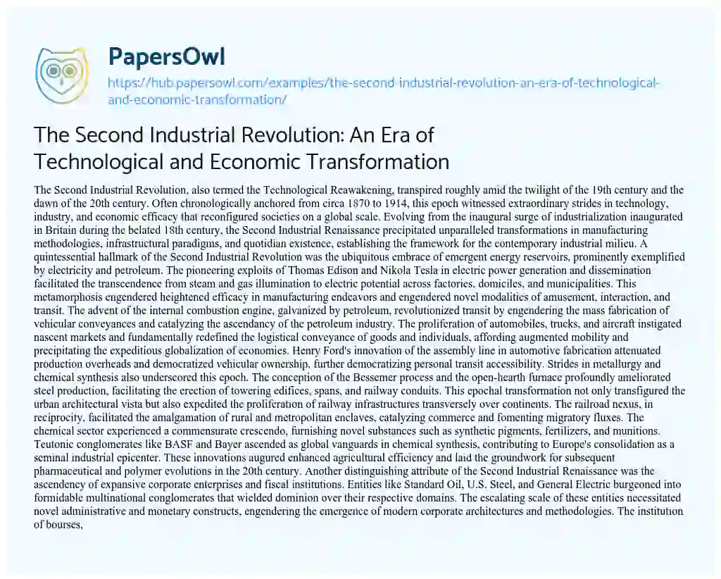 Essay on The Second Industrial Revolution: An Era of Technological and Economic Transformation