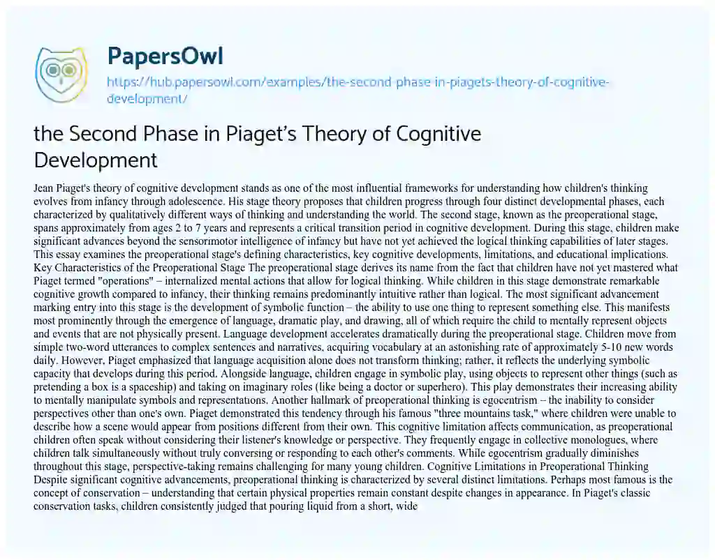 Essay on the Second Phase in Piaget’s Theory of Cognitive Development