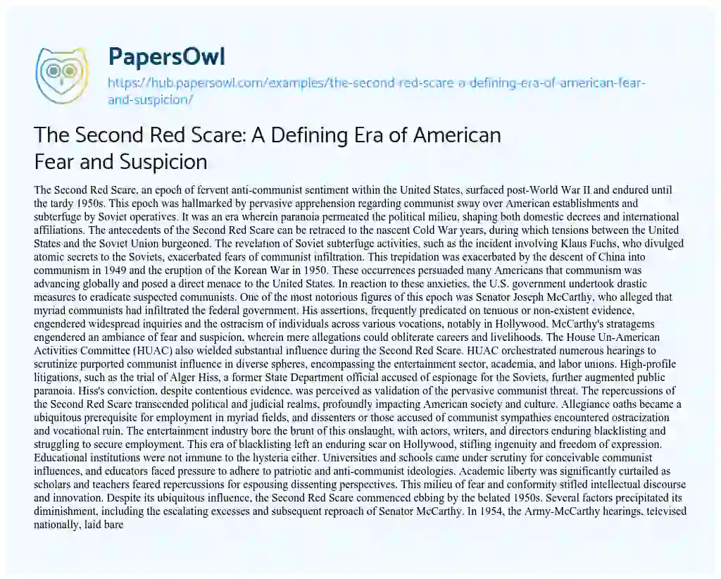 Essay on The Second Red Scare: A Defining Era of American Fear and Suspicion