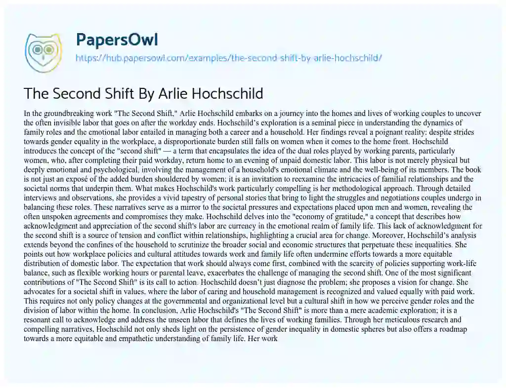 Essay on The Second Shift By Arlie Hochschild