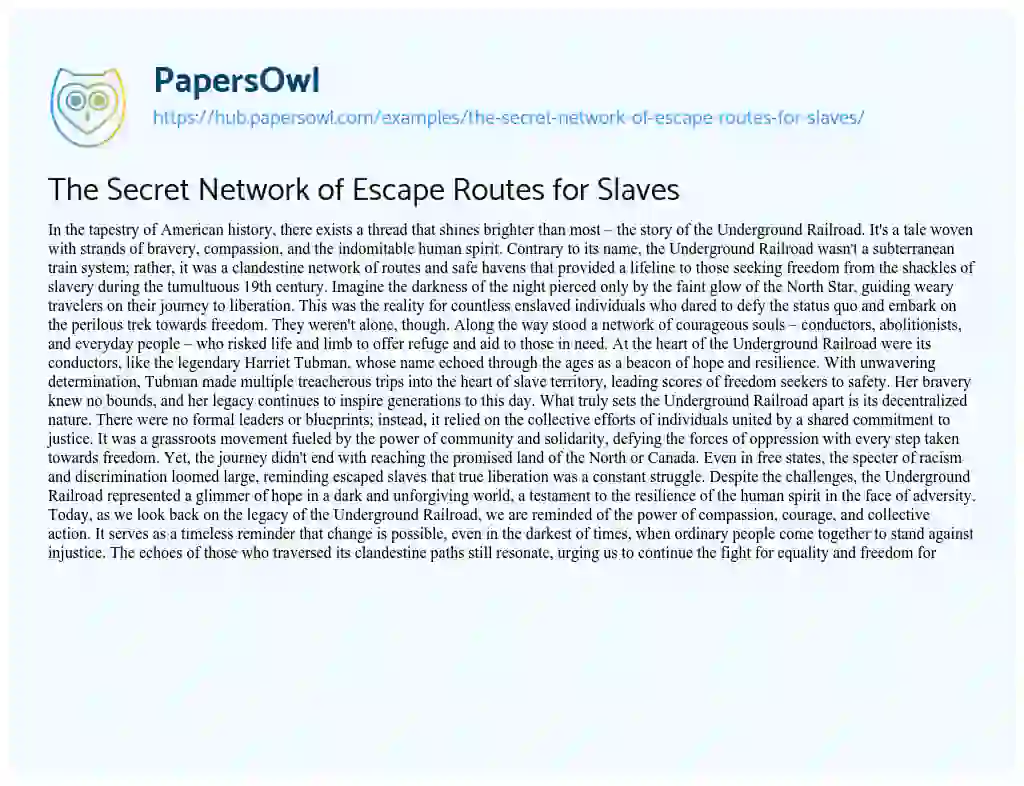 Essay on The Secret Network of Escape Routes for Slaves