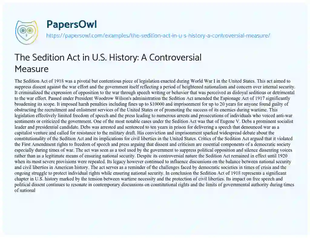 Essay on The Sedition Act in U.S. History: A Controversial Measure