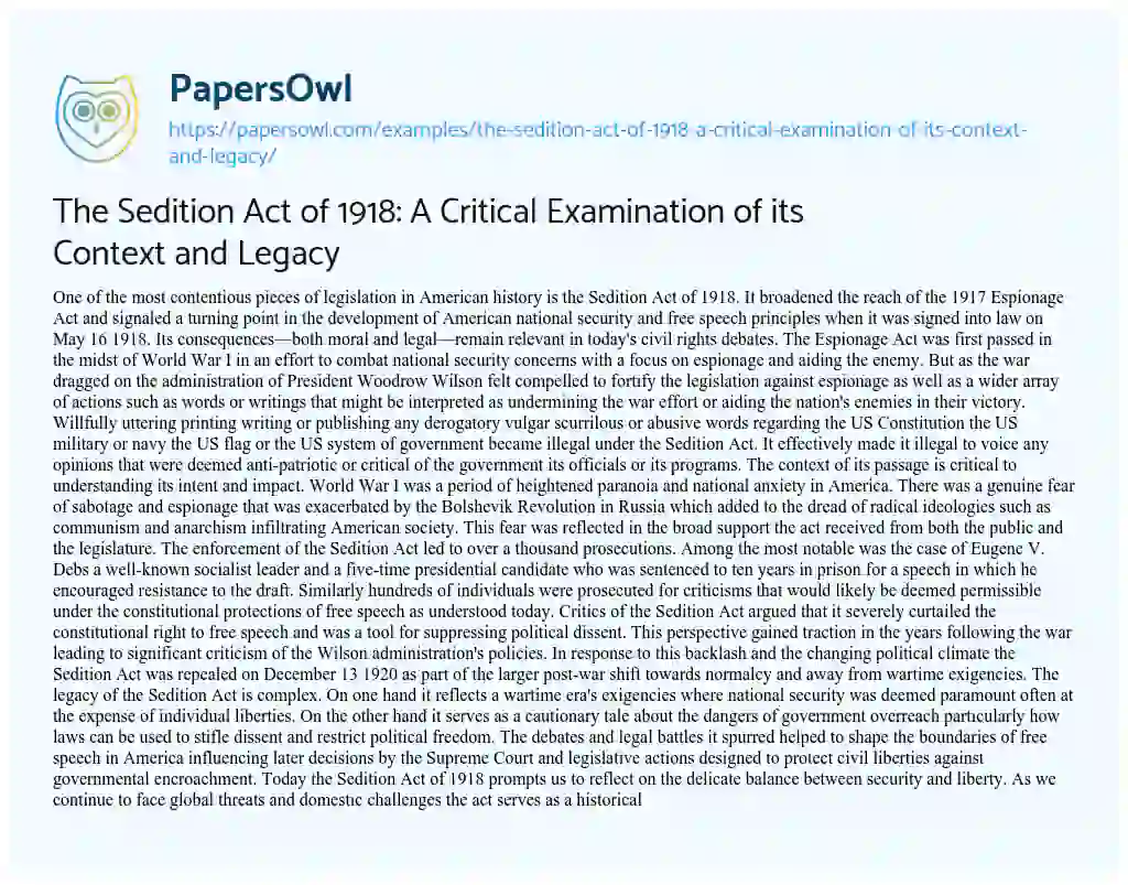 Essay on The Sedition Act of 1918: A Critical Examination of its Context and Legacy