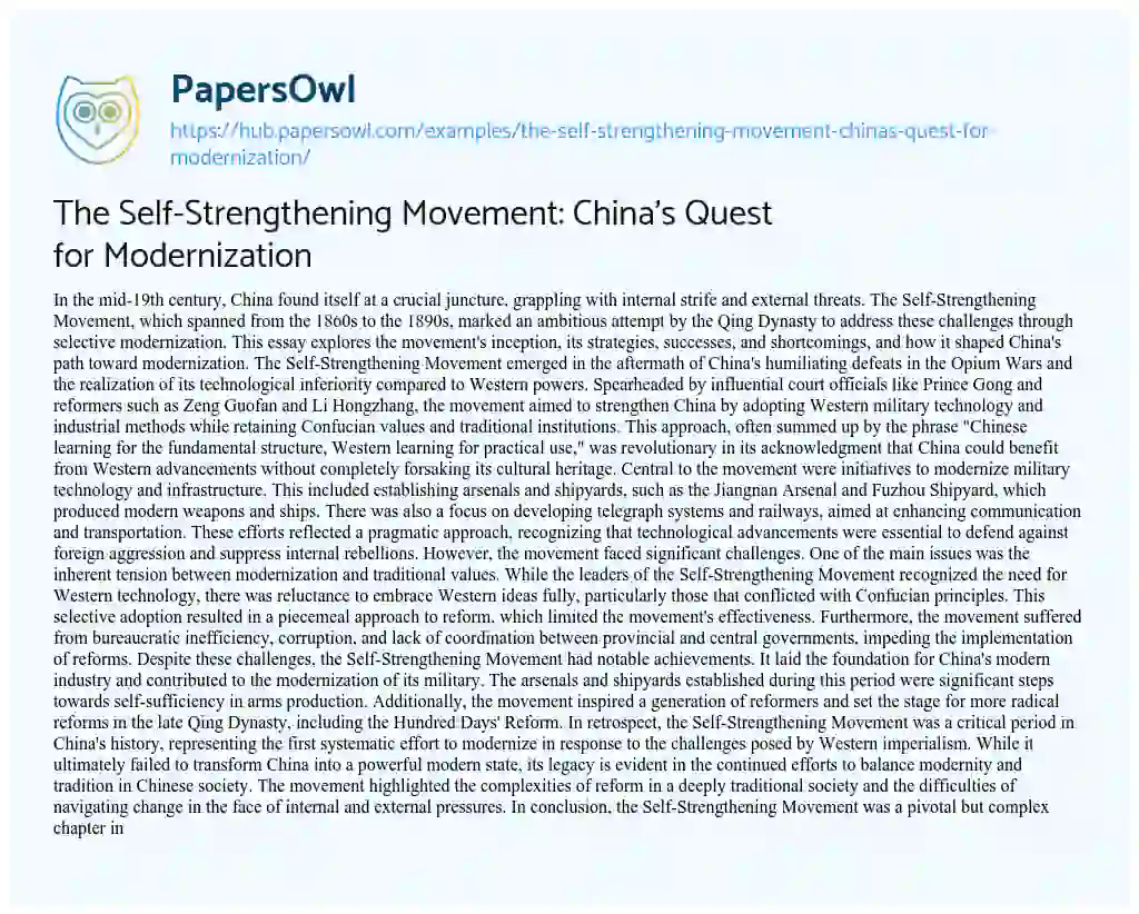 Essay on The Self-Strengthening Movement: China’s Quest for Modernization