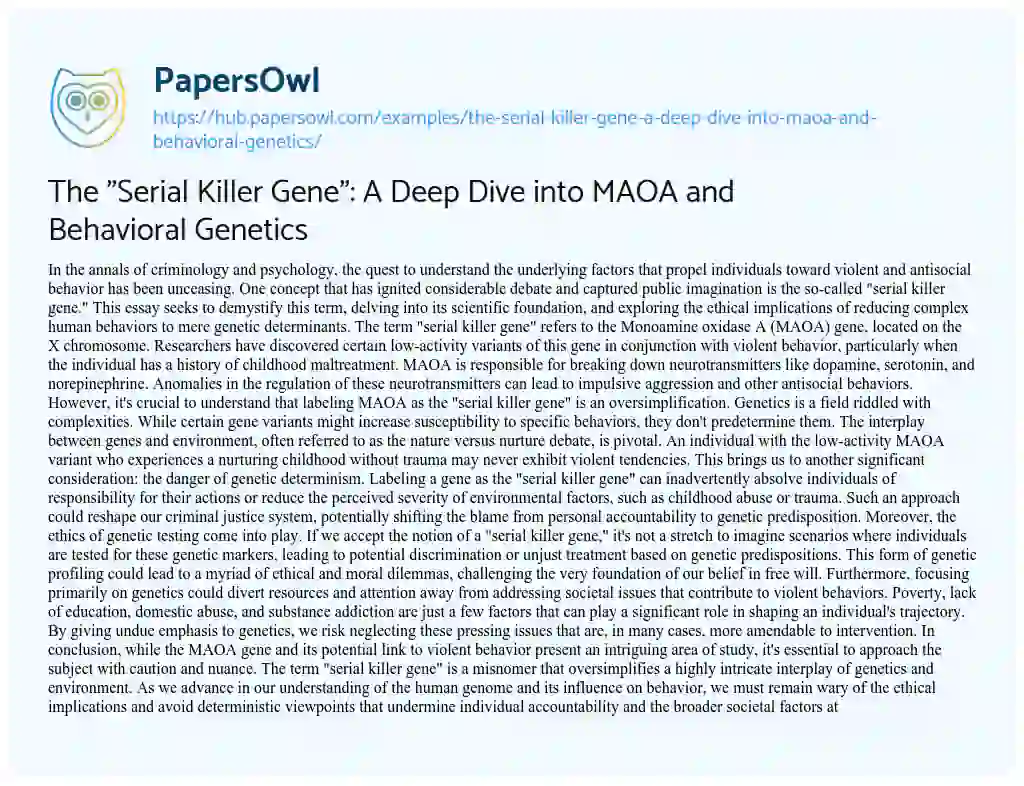 Essay on The “Serial Killer Gene”: A Deep Dive into MAOA and Behavioral Genetics