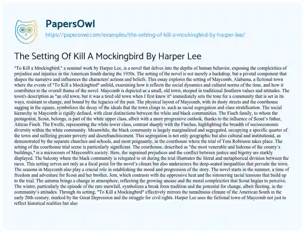 Essay on The Setting Of Kill A Mockingbird By Harper Lee