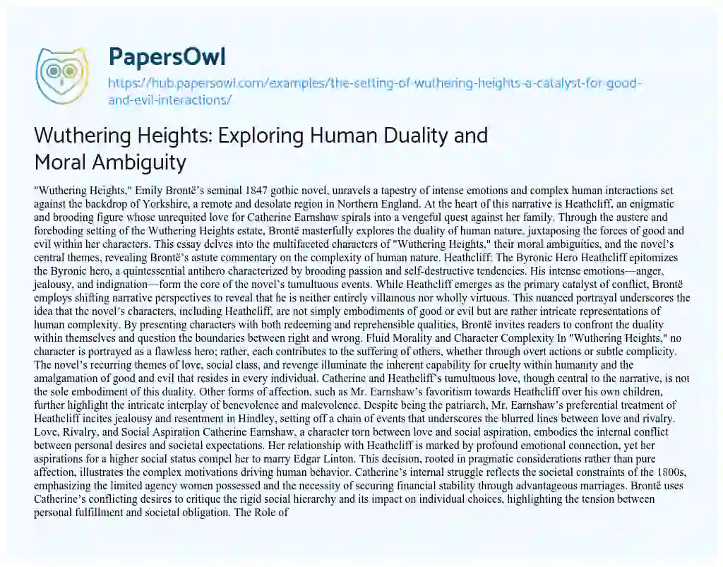 Essay on Wuthering Heights: Exploring Human Duality and Moral Ambiguity