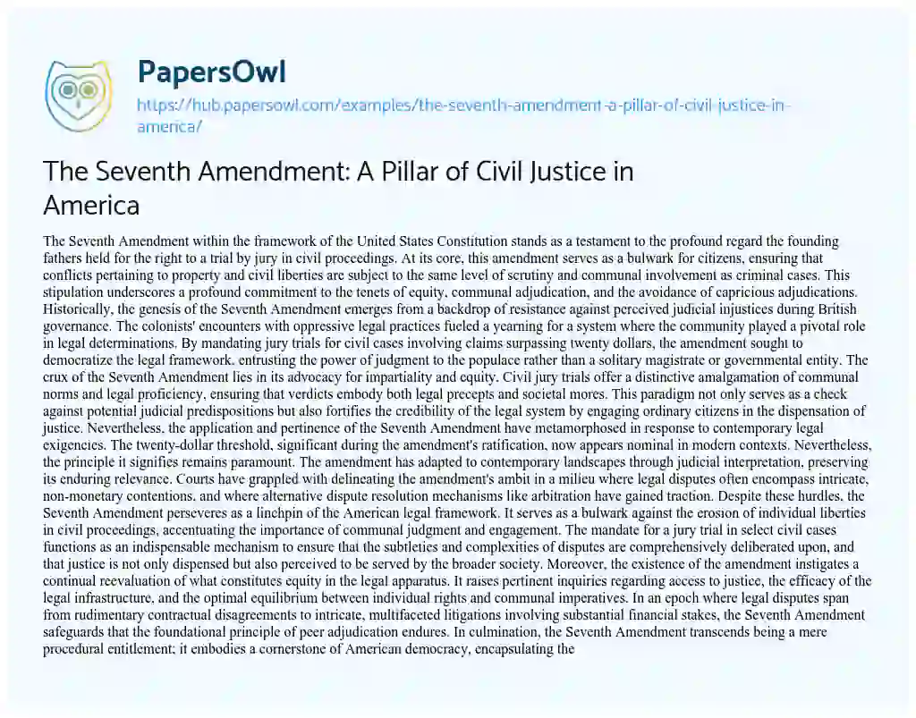 Essay on The Seventh Amendment: A Pillar of Civil Justice in America