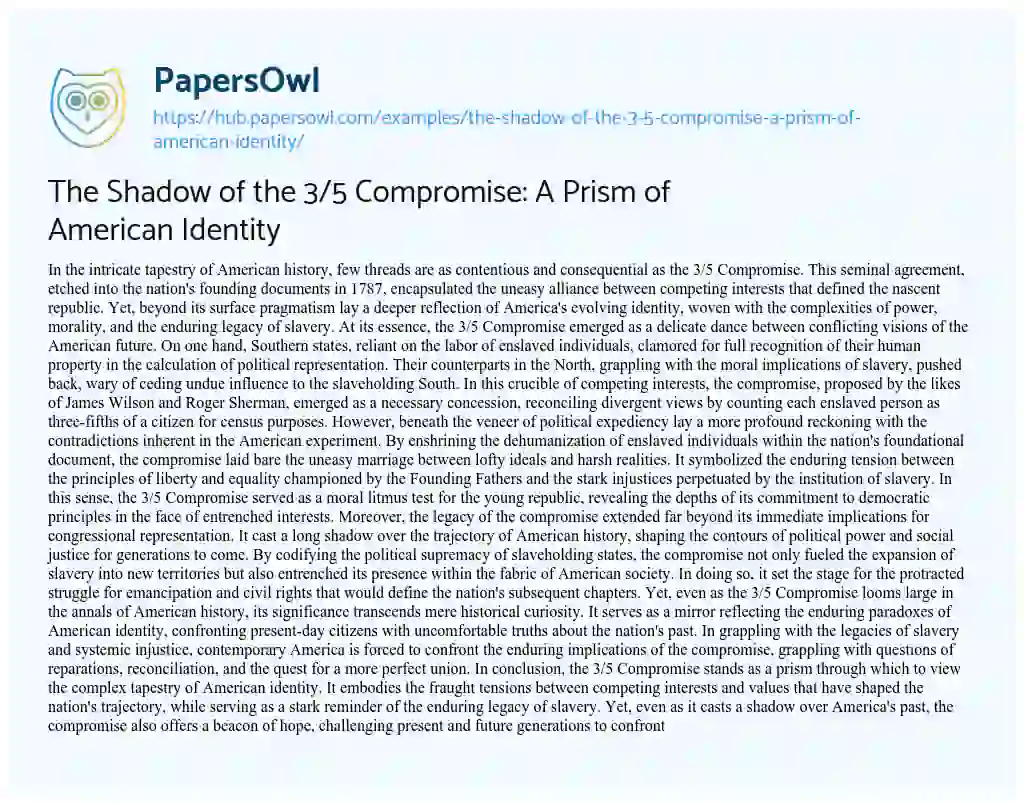 Essay on The Shadow of the 3/5 Compromise: A Prism of American Identity