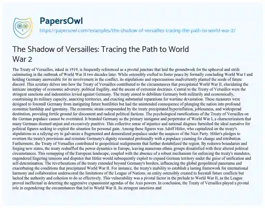 Essay on The Shadow of Versailles: Tracing the Path to World War 2