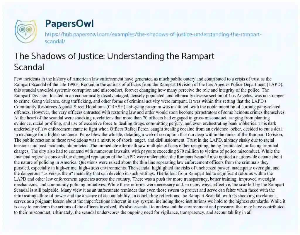 Essay on The Shadows of Justice: Understanding the Rampart Scandal