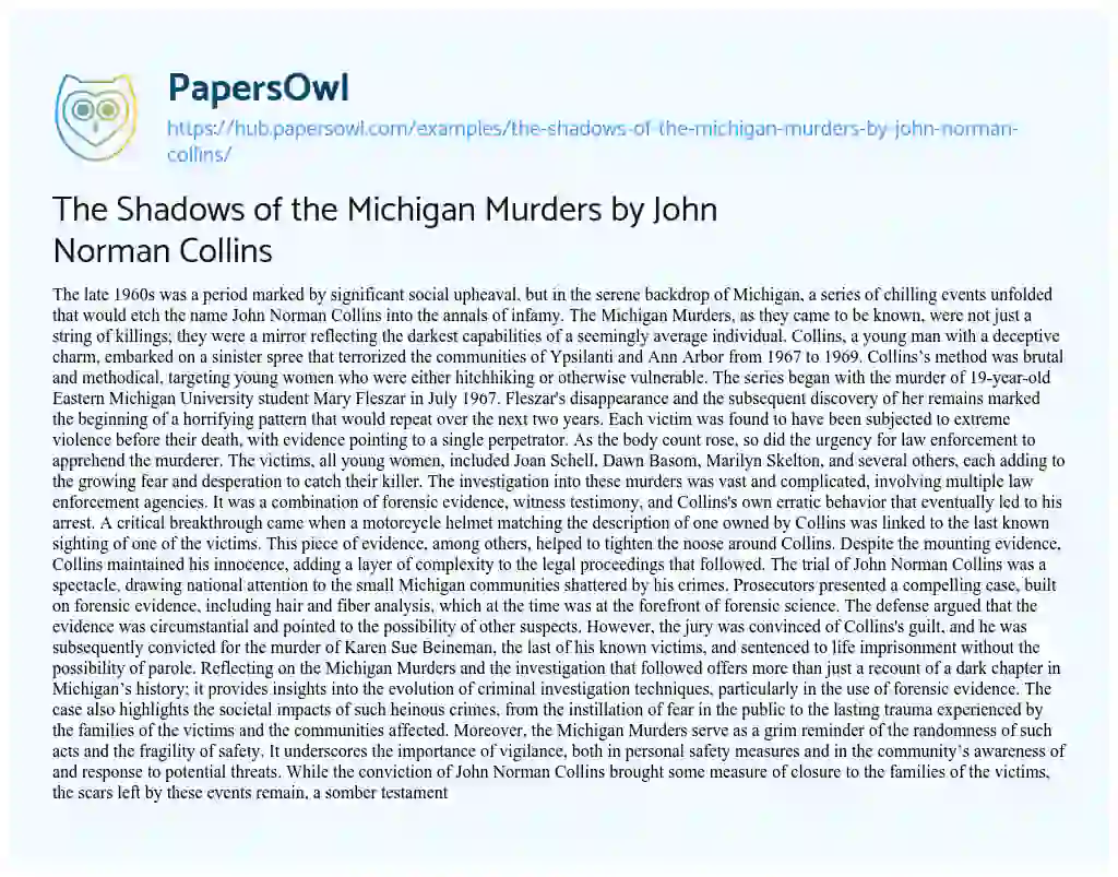 Essay on The Shadows of the Michigan Murders by John Norman Collins